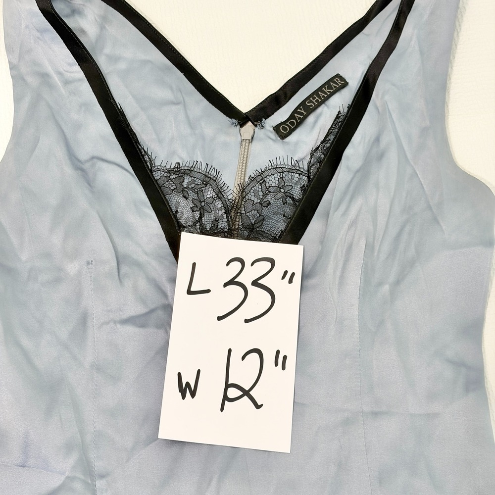 Oday Shakar Silk Mini Dress Lace Trim V-Neck Blue Black Size XS - Picture 12 of 12
